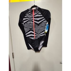 Speedo womens black print Paddle Suit one piece long sleeve Swimsuit size Small